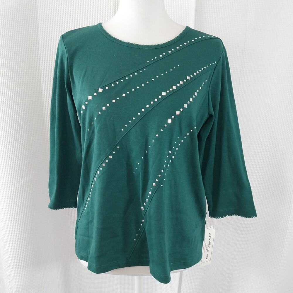 NWT@$54! ALFRED DUNNER! EMERALD GREEN 3/4 SLEEVED, SILVER STUDDED TOP SZ PS - Picture 2 of 9